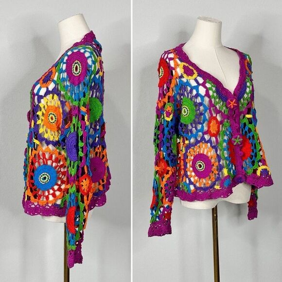 Vintage ‘80s Rainbow Floral Crochet Radial Rainbow Cardigan OSFM Boho Festival - Picture 6 of 15